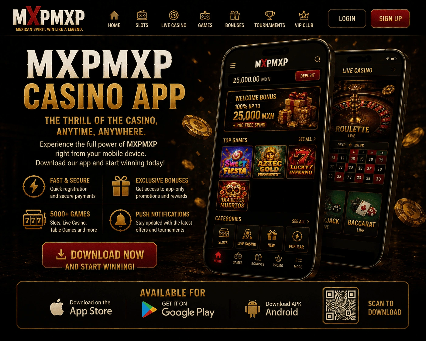 Interfaz de la app mxpmxp en un teléfono Android con herramientas de cuenta, iconos de casino y elementos de revisión de permisos