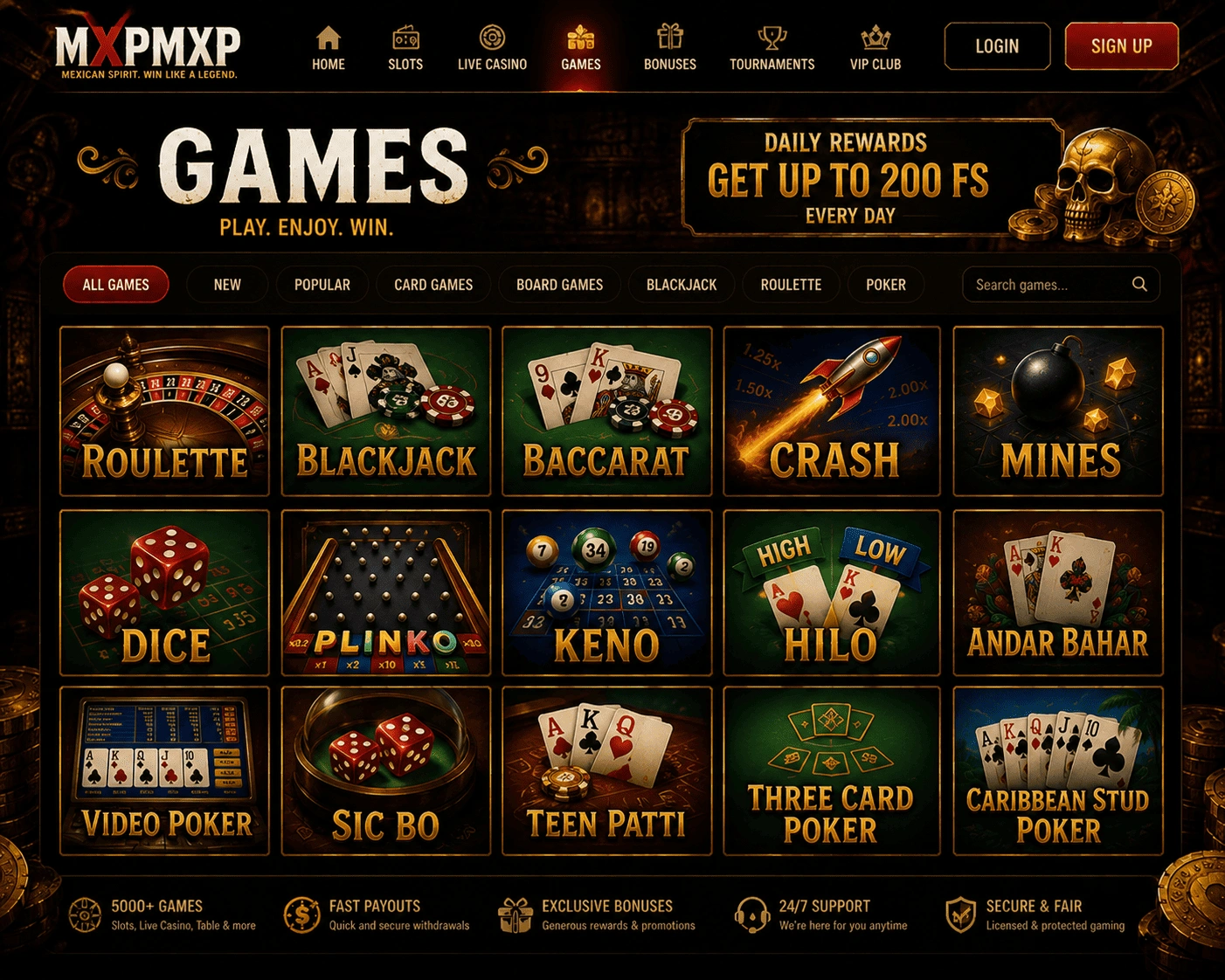 Casino overview screen showing mxpmxp slot reels, card tables, chips, and a mobile lobby menu