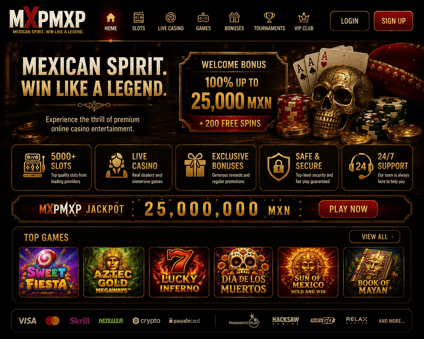 mxpmxp game overview with table cards, roulette chips, live-room panels, slot icons, and category tabs