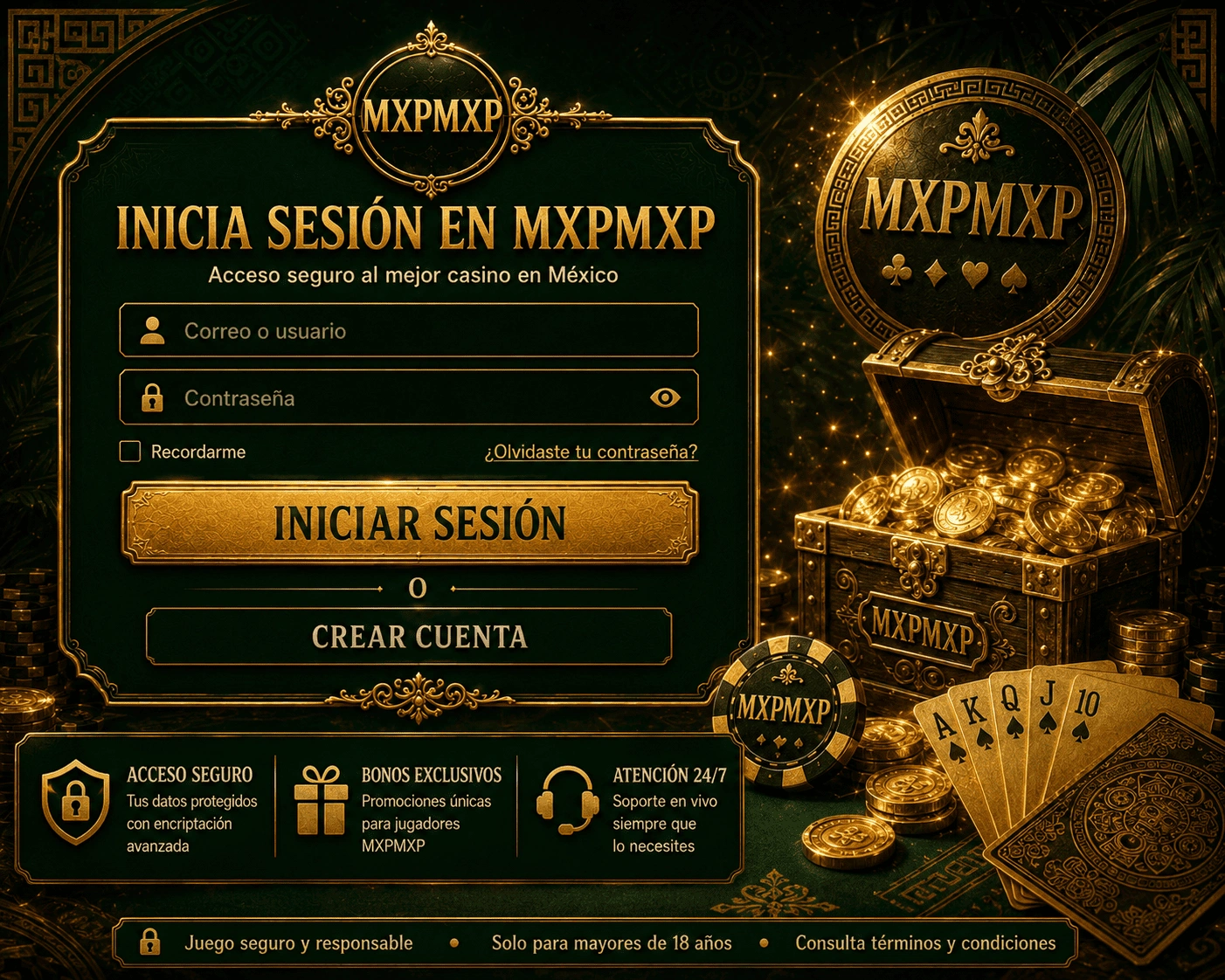 Pantalla de acceso de cuenta mxpmxp con campos de inicio de sesión, enlace de recuperación y señales de dispositivo seguro